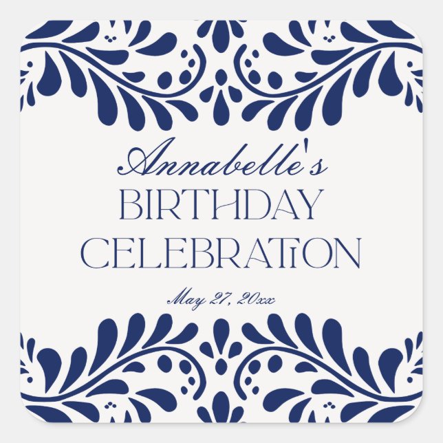 Pegatina Cuadrada Blue Talavera Tile Español Fiesta Cumpleaños Favor (Anverso)