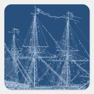 Pegatina Cuadrada Blue Tall Sailing Ship Bluprint