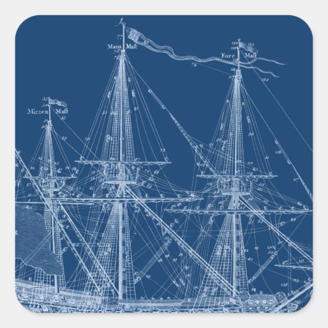 Pegatina Cuadrada Blue Tall Sailing Ship Bluprint (Anverso)