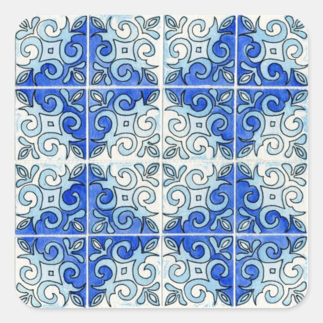 Pegatina Cuadrada Blue Tile Design 2 - Swirls (Anverso)