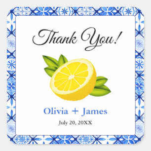 Pegatina Cuadrada Blue Tile Lemon Mediterráneo Gracias Boda