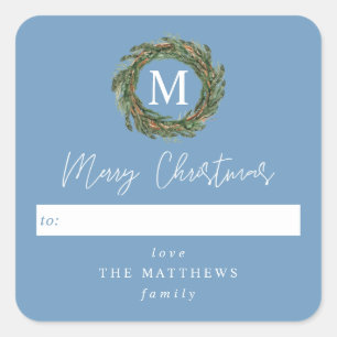 Pegatina Cuadrada Blue to Wreath Monograma Feliz Navidad