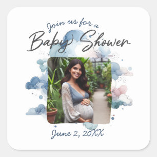 Pegatina Cuadrada Blue Watercolor Boy Personalizado Baby Shower Phot