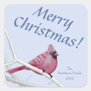 Pegatina Cuadrada Blue Watercolor Cardinal Merry Christmas