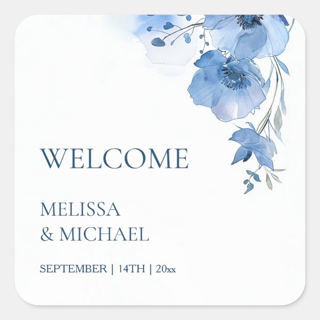 Pegatina Cuadrada Blue Watercolor Flowers Wedding Welcome (Anverso)
