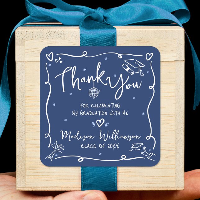 Pegatina Cuadrada Blue White Hand Drawn Doodles Graduation Thank You (Subido por el creador)