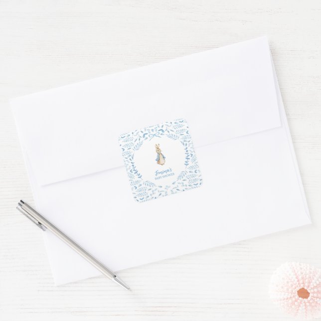 Pegatina Cuadrada Blue White Peter the Rabbit Beatrix Baby Shower (Sobre)