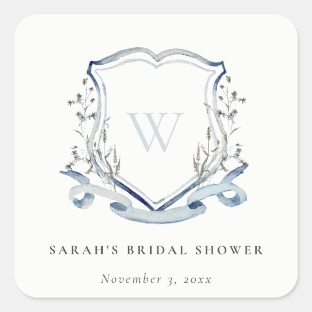 Pegatina Cuadrada Blue Wildflower Watercolor Escudo Bridal Shower (Anverso)