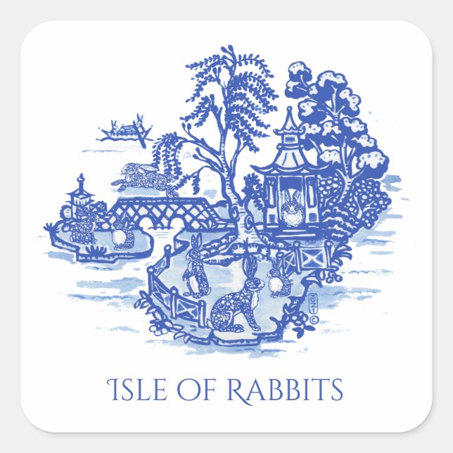 Pegatina Cuadrada Blue Willow I Love Rabbits Classic Chinoiserie (Anverso)