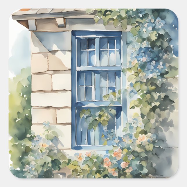 Pegatina Cuadrada Blue Window Stone Wall Cottage Vines (Anverso)