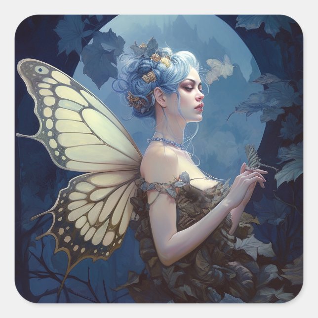 Pegatina Cuadrada Blue Woodland Fairy Fantasy Art (Anverso)