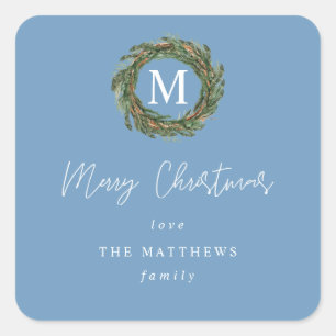 Pegatina Cuadrada Blue Wreath Monogram Feliz Regalo de Navidad