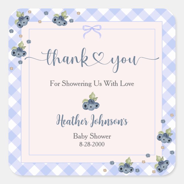 Pegatina Cuadrada Blueberry Berry Sweet Baby Boy Baby Shower (Anverso)