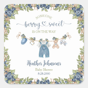 Pegatina Cuadrada Blueberry Berry Sweet Clothesline Baby Shower