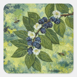 Pegatina Cuadrada Blueberry Branch Botanical Illustration
