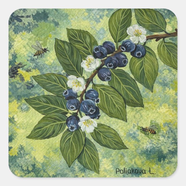 Pegatina Cuadrada Blueberry Branch Botanical Illustration (Anverso)