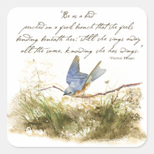 Pegatina Cuadrada Bluebird en Branch Inspirador poema Watercolor