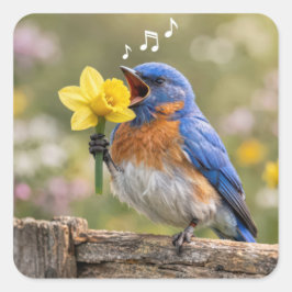 Pegatina Cuadrada Bluebird Singing Into a Yellow Daffodil