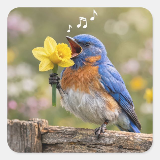 Pegatina Cuadrada Bluebird Singing Into a Yellow Daffodil (Anverso)
