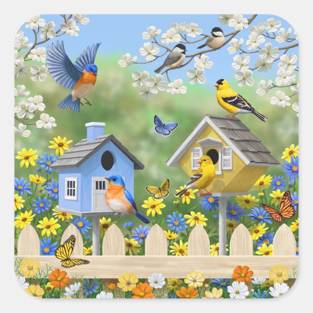 Pegatina Cuadrada Bluebirds Goldfinches Birdhouses Flower Garden (Anverso)