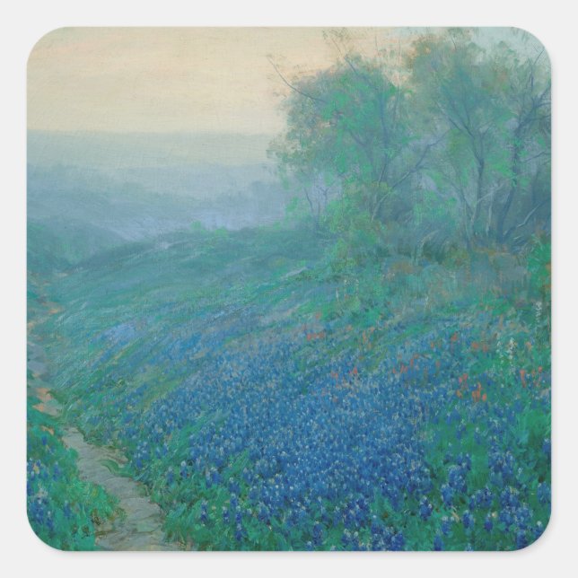 Pegatina Cuadrada Bluebonnets al amanecer, Onderdonk (Anverso)