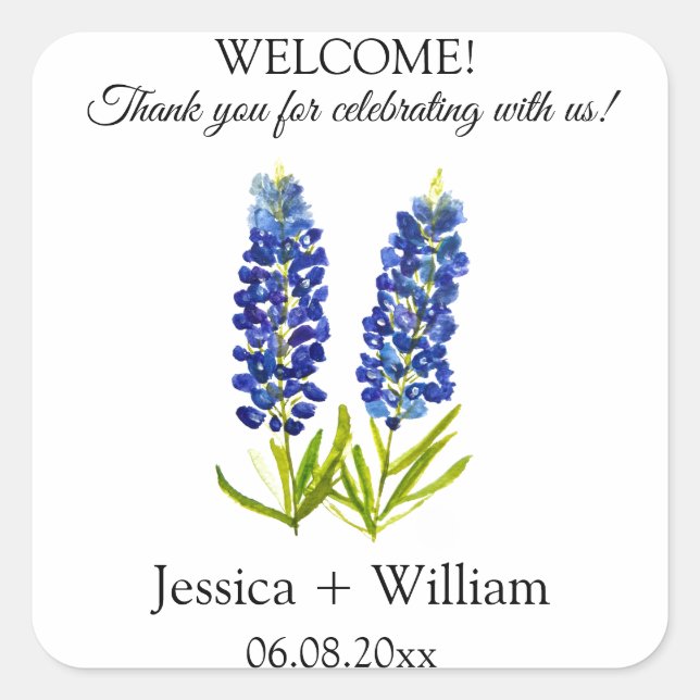 Pegatina Cuadrada Bluebonnets Novia y Groom Rustic Modern Boda (Anverso)