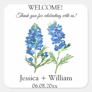 Pegatina Cuadrada Bluebonnets Novia y Groom Rustic Modern Boda