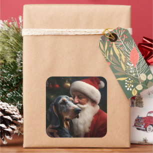 Pegatina Cuadrada Bluetick Coonhound Con Santa Claus Navidad