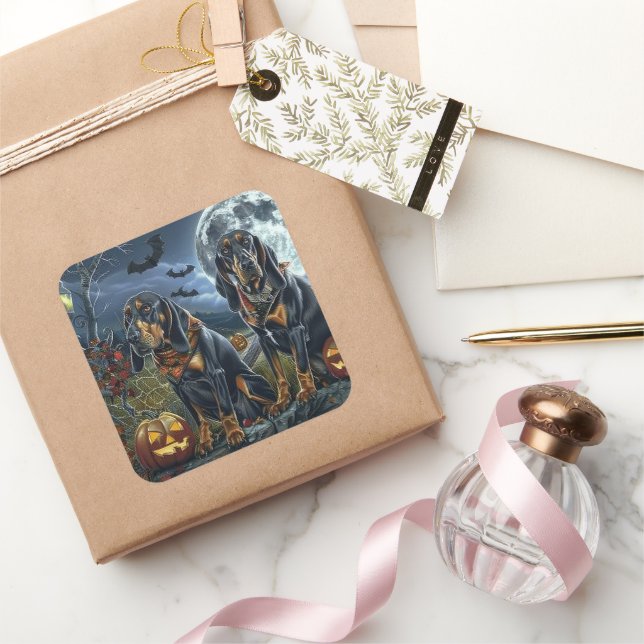 Pegatina Cuadrada Bluetick Coonhound Halloween Spooky (Regalar)