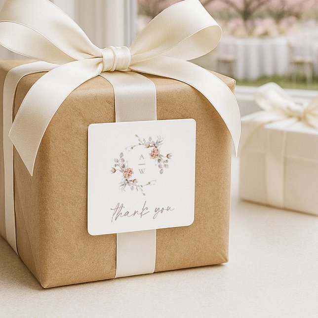Pegatina Cuadrada Blush Floral Monogram “Thank You” Wedding (Subido por el creador)