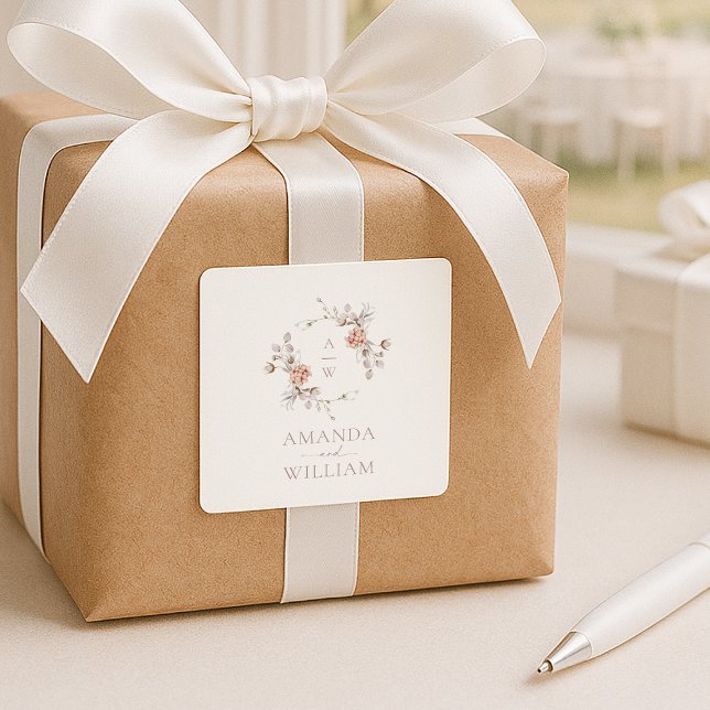 Pegatina Cuadrada Blush Floral Monogram Wedding Sticker  (Subido por el creador)