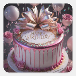 Pegatina Cuadrada Blush Pink Birthday Cake Celebration 