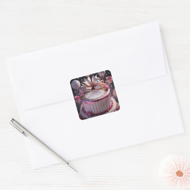 Pegatina Cuadrada Blush Pink Birthday Cake Celebration  (Sobre)