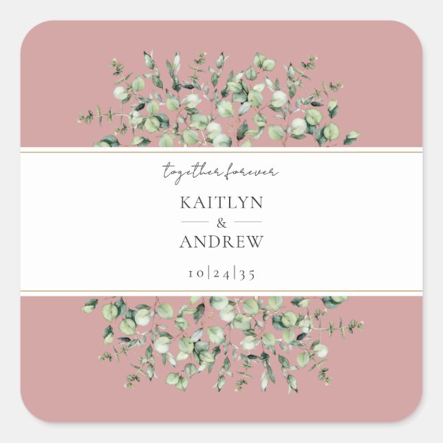Pegatina Cuadrada Blush Pink Eucalyptus Together Forever Wedding  (Anverso)