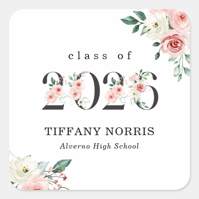 Pegatina Cuadrada Blush Pink Floral Numbers Graduation Sticker (Anverso)