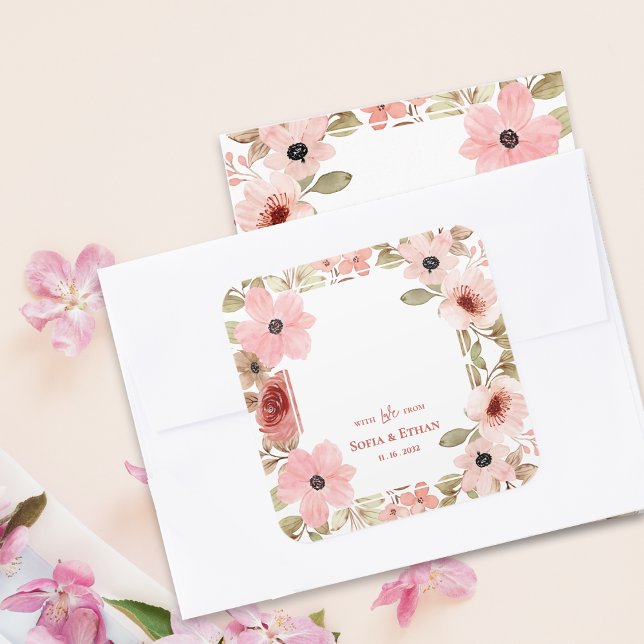 Pegatina Cuadrada Blush Pink Floral Wedding Thank You Favor (Blush Pink Floral Wedding Thank You Favor Square Sticker)