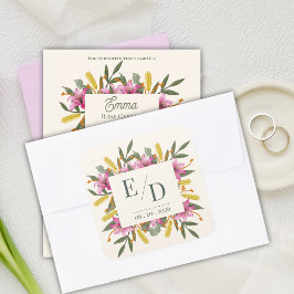 Pegatina Cuadrada Blush Pink Lily Botanical Wedding Monogram