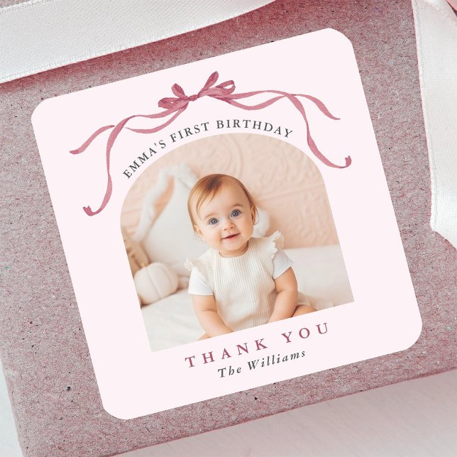 Pegatina Cuadrada Blush Pink Red Bow Birthday Thank You (Subido por el creador)
