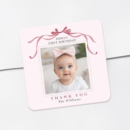 Pegatina Cuadrada Blush Pink Red Bow Birthday Thank You 
