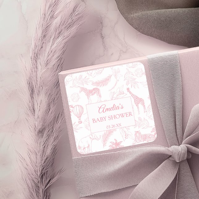 Pegatina Cuadrada Blush Pink Safari Jungle Animals Baby Shower  (Subido por el creador)