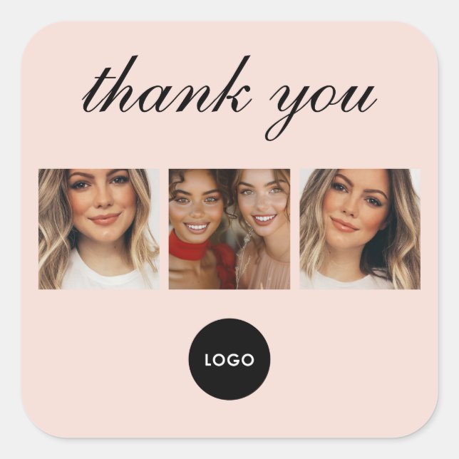 Pegatina Cuadrada Blush Pink Script Logo Photo Hair Makeup Thank You (Anverso)