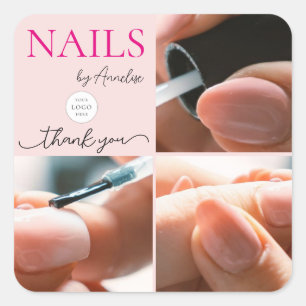 Pegatina Cuadrada Blush Pink Uñas Salón Script Logo Foto Gracias