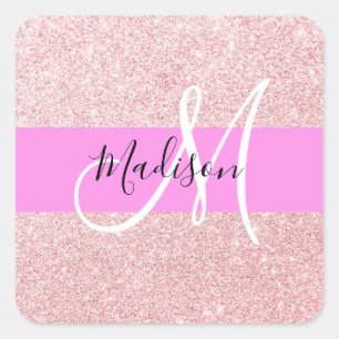 Pegatina Cuadrada Blush Rosa Glitter Monograma de Oro Rosa Brillante