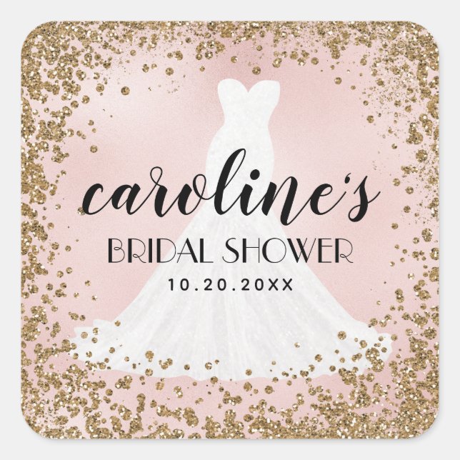 Pegatina Cuadrada Blushing Purpurina Vestido de novia Bridal Shower  (Anverso)