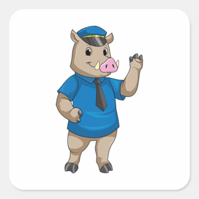 Pegatina Cuadrada Boar como oficial de policía con gorra de policía (Anverso)