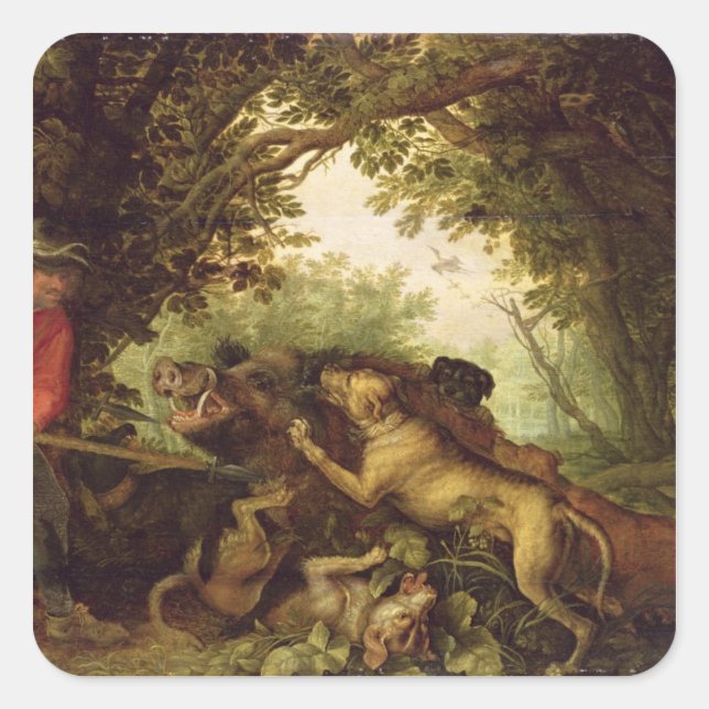 Pegatina Cuadrada Boar Hunt, 1611 (Anverso)
