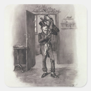 Pegatina Cuadrada Bob Cratchit y Tim minúsculo, de 'Charles Dickens
