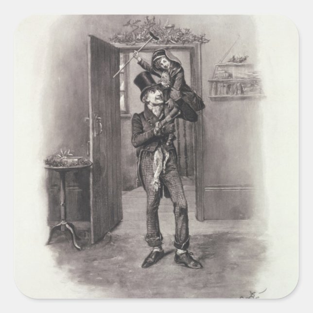 Pegatina Cuadrada Bob Cratchit y Tiny Tim, de 'Charles Dickens: (Anverso)