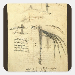 Pegatina Cuadrada Boceto de la máquina voladora de Leonardo da Vinci