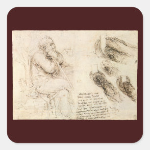 Pegatina Cuadrada Boceto del anciano y el agua de Leonardo da Vinci